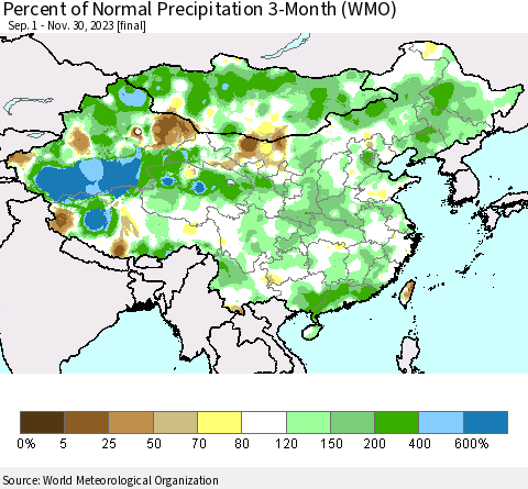 China, Mongolia and Taiwan Percent of Normal Precipitation 3-Month (WMO) Thematic Map For 9/1/2023 - 11/30/2023