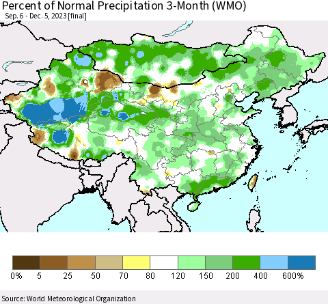 China, Mongolia and Taiwan Percent of Normal Precipitation 3-Month (WMO) Thematic Map For 9/6/2023 - 12/5/2023