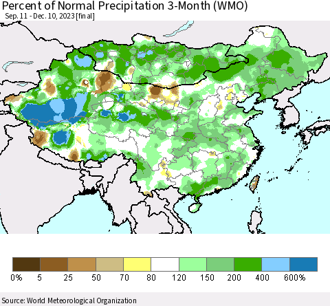 China, Mongolia and Taiwan Percent of Normal Precipitation 3-Month (WMO) Thematic Map For 9/11/2023 - 12/10/2023