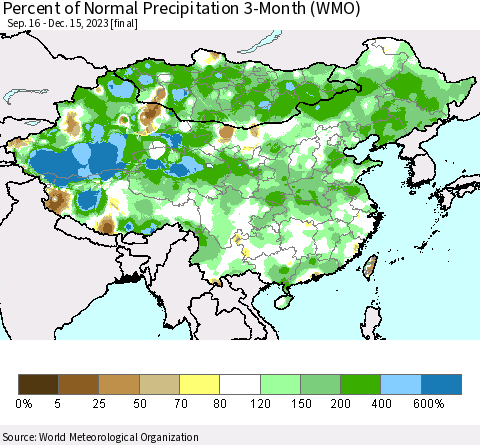 China, Mongolia and Taiwan Percent of Normal Precipitation 3-Month (WMO) Thematic Map For 9/16/2023 - 12/15/2023