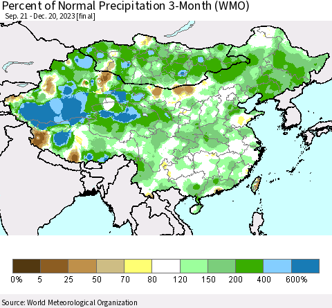 China, Mongolia and Taiwan Percent of Normal Precipitation 3-Month (WMO) Thematic Map For 9/21/2023 - 12/20/2023