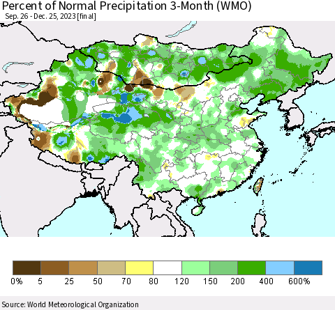 China, Mongolia and Taiwan Percent of Normal Precipitation 3-Month (WMO) Thematic Map For 9/26/2023 - 12/25/2023