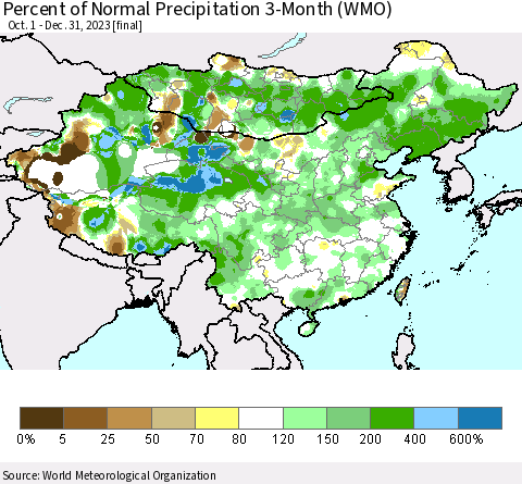 China, Mongolia and Taiwan Percent of Normal Precipitation 3-Month (WMO) Thematic Map For 10/1/2023 - 12/31/2023