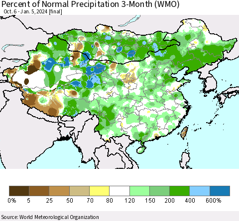 China, Mongolia and Taiwan Percent of Normal Precipitation 3-Month (WMO) Thematic Map For 10/6/2023 - 1/5/2024