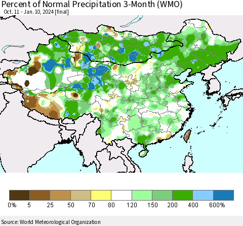 China, Mongolia and Taiwan Percent of Normal Precipitation 3-Month (WMO) Thematic Map For 10/11/2023 - 1/10/2024