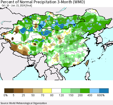 China, Mongolia and Taiwan Percent of Normal Precipitation 3-Month (WMO) Thematic Map For 10/16/2023 - 1/15/2024