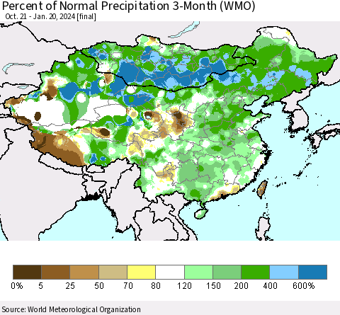 China, Mongolia and Taiwan Percent of Normal Precipitation 3-Month (WMO) Thematic Map For 10/21/2023 - 1/20/2024