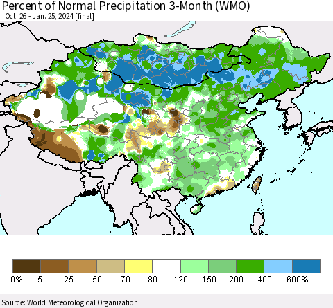China, Mongolia and Taiwan Percent of Normal Precipitation 3-Month (WMO) Thematic Map For 10/26/2023 - 1/25/2024