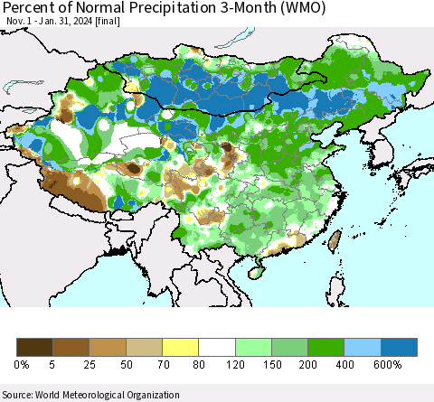 China, Mongolia and Taiwan Percent of Normal Precipitation 3-Month (WMO) Thematic Map For 11/1/2023 - 1/31/2024
