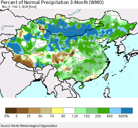 China, Mongolia and Taiwan Percent of Normal Precipitation 3-Month (WMO) Thematic Map For 11/6/2023 - 2/5/2024