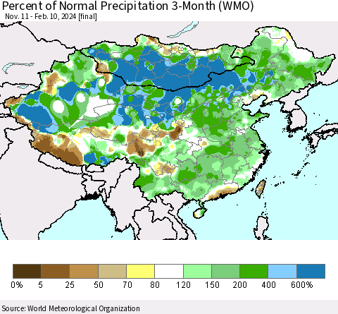 China, Mongolia and Taiwan Percent of Normal Precipitation 3-Month (WMO) Thematic Map For 11/11/2023 - 2/10/2024