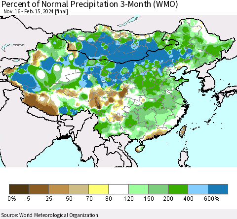 China, Mongolia and Taiwan Percent of Normal Precipitation 3-Month (WMO) Thematic Map For 11/16/2023 - 2/15/2024