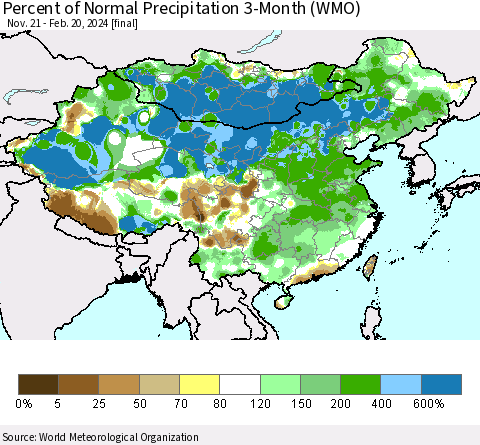 China, Mongolia and Taiwan Percent of Normal Precipitation 3-Month (WMO) Thematic Map For 11/21/2023 - 2/20/2024