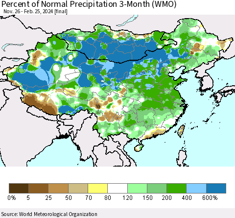 China, Mongolia and Taiwan Percent of Normal Precipitation 3-Month (WMO) Thematic Map For 11/26/2023 - 2/25/2024