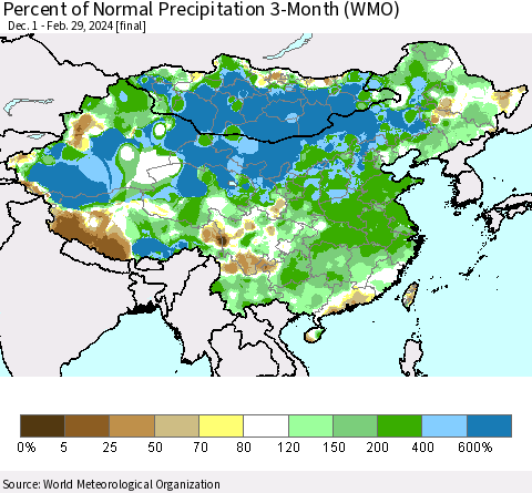 China, Mongolia and Taiwan Percent of Normal Precipitation 3-Month (WMO) Thematic Map For 12/1/2023 - 2/29/2024