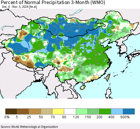China, Mongolia and Taiwan Percent of Normal Precipitation 3-Month (WMO) Thematic Map For 12/6/2023 - 3/5/2024