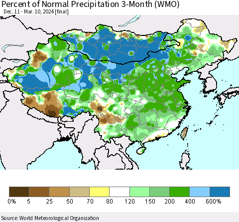 China, Mongolia and Taiwan Percent of Normal Precipitation 3-Month (WMO) Thematic Map For 12/11/2023 - 3/10/2024
