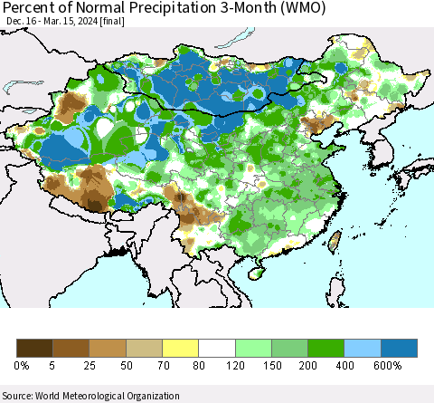 China, Mongolia and Taiwan Percent of Normal Precipitation 3-Month (WMO) Thematic Map For 12/16/2023 - 3/15/2024