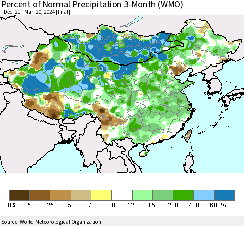 China, Mongolia and Taiwan Percent of Normal Precipitation 3-Month (WMO) Thematic Map For 12/21/2023 - 3/20/2024