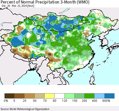 China, Mongolia and Taiwan Percent of Normal Precipitation 3-Month (WMO) Thematic Map For 12/26/2023 - 3/25/2024