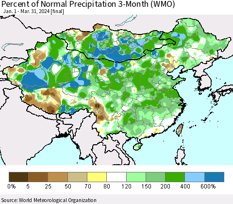 China, Mongolia and Taiwan Percent of Normal Precipitation 3-Month (WMO) Thematic Map For 1/1/2024 - 3/31/2024