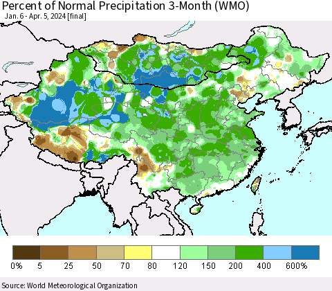 China, Mongolia and Taiwan Percent of Normal Precipitation 3-Month (WMO) Thematic Map For 1/6/2024 - 4/5/2024