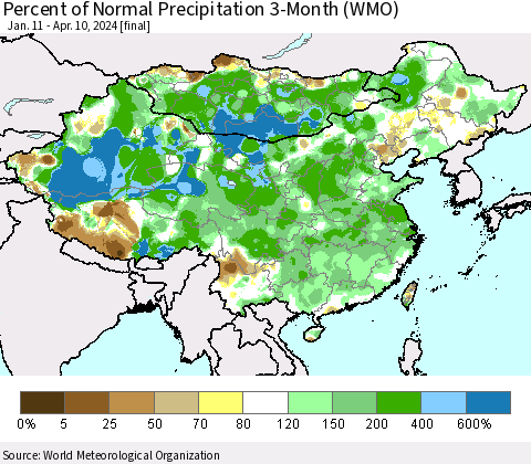 China, Mongolia and Taiwan Percent of Normal Precipitation 3-Month (WMO) Thematic Map For 1/11/2024 - 4/10/2024
