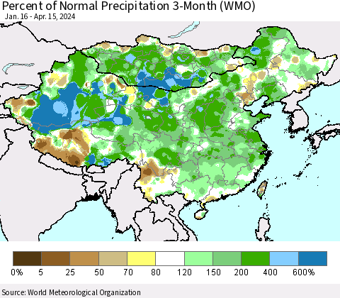 China, Mongolia and Taiwan Percent of Normal Precipitation 3-Month (WMO) Thematic Map For 1/16/2024 - 4/15/2024