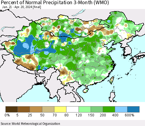 China, Mongolia and Taiwan Percent of Normal Precipitation 3-Month (WMO) Thematic Map For 1/21/2024 - 4/20/2024