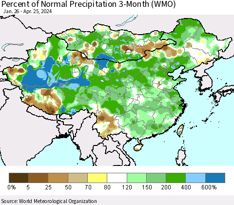 China, Mongolia and Taiwan Percent of Normal Precipitation 3-Month (WMO) Thematic Map For 1/26/2024 - 4/25/2024