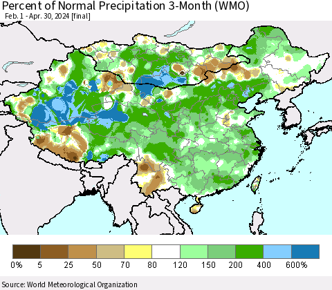 China, Mongolia and Taiwan Percent of Normal Precipitation 3-Month (WMO) Thematic Map For 2/1/2024 - 4/30/2024