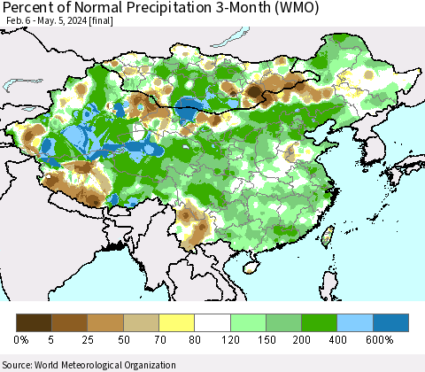 China, Mongolia and Taiwan Percent of Normal Precipitation 3-Month (WMO) Thematic Map For 2/6/2024 - 5/5/2024