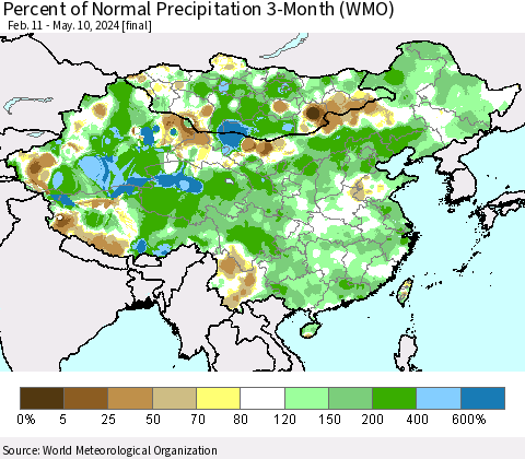 China, Mongolia and Taiwan Percent of Normal Precipitation 3-Month (WMO) Thematic Map For 2/11/2024 - 5/10/2024