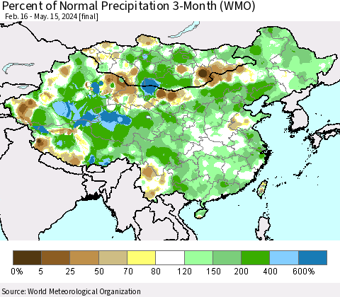 China, Mongolia and Taiwan Percent of Normal Precipitation 3-Month (WMO) Thematic Map For 2/16/2024 - 5/15/2024