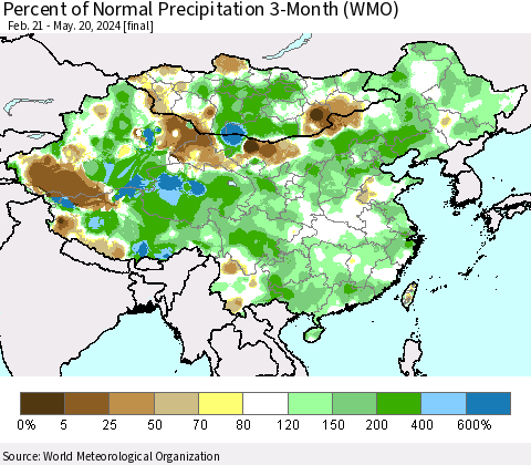China, Mongolia and Taiwan Percent of Normal Precipitation 3-Month (WMO) Thematic Map For 2/21/2024 - 5/20/2024