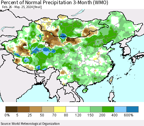 China, Mongolia and Taiwan Percent of Normal Precipitation 3-Month (WMO) Thematic Map For 2/26/2024 - 5/25/2024
