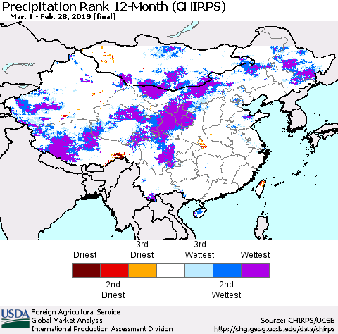 China, Mongolia and Taiwan Precipitation Rank since 1981, 12-Month (CHIRPS) Thematic Map For 3/1/2018 - 2/28/2019