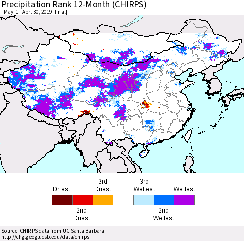 China, Mongolia and Taiwan Precipitation Rank since 1981, 12-Month (CHIRPS) Thematic Map For 5/1/2018 - 4/30/2019