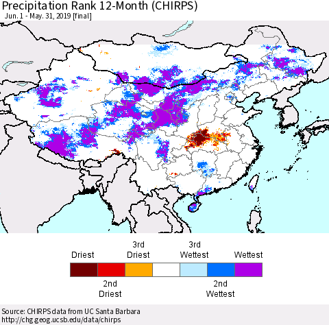 China, Mongolia and Taiwan Precipitation Rank since 1981, 12-Month (CHIRPS) Thematic Map For 6/1/2018 - 5/31/2019