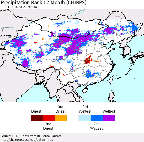 China, Mongolia and Taiwan Precipitation Rank since 1981, 12-Month (CHIRPS) Thematic Map For 7/1/2018 - 6/30/2019
