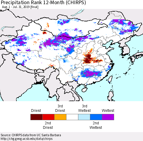 China, Mongolia and Taiwan Precipitation Rank since 1981, 12-Month (CHIRPS) Thematic Map For 8/1/2018 - 7/31/2019