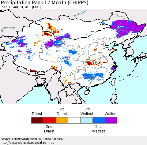 China, Mongolia and Taiwan Precipitation Rank since 1981, 12-Month (CHIRPS) Thematic Map For 9/1/2018 - 8/31/2019