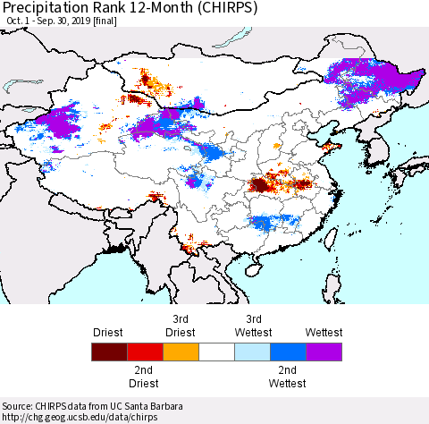 China and Taiwan Precipitation Rank 12-Month (CHIRPS) Thematic Map For 10/1/2018 - 9/30/2019