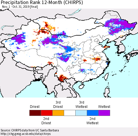 China, Mongolia and Taiwan Precipitation Rank since 1981, 12-Month (CHIRPS) Thematic Map For 11/1/2018 - 10/31/2019