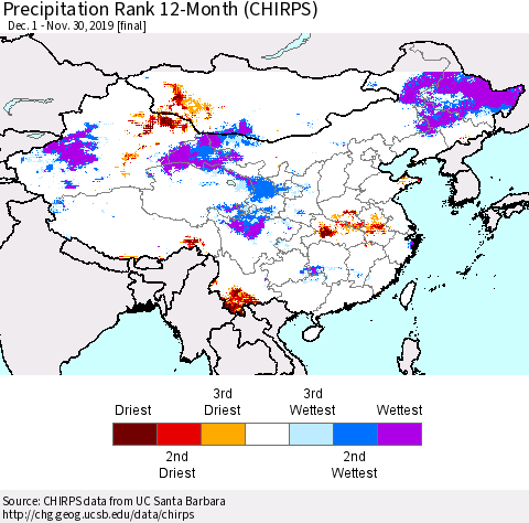 China, Mongolia and Taiwan Precipitation Rank since 1981, 12-Month (CHIRPS) Thematic Map For 12/1/2018 - 11/30/2019