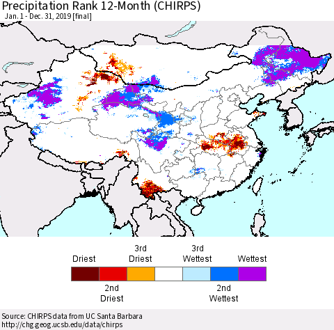 China and Taiwan Precipitation Rank 12-Month (CHIRPS) Thematic Map For 1/1/2019 - 12/31/2019