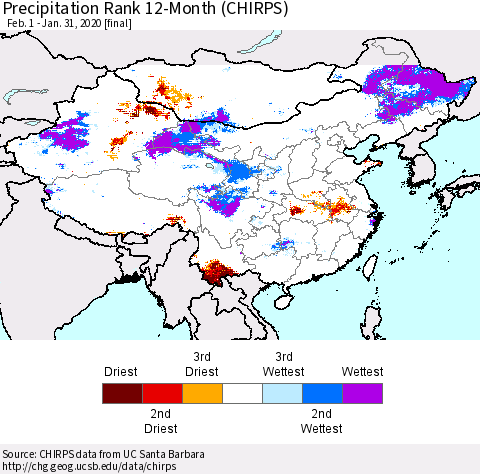 China and Taiwan Precipitation Rank 12-Month (CHIRPS) Thematic Map For 2/1/2019 - 1/31/2020