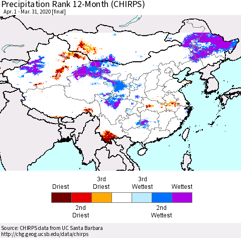 China and Taiwan Precipitation Rank 12-Month (CHIRPS) Thematic Map For 4/1/2019 - 3/31/2020
