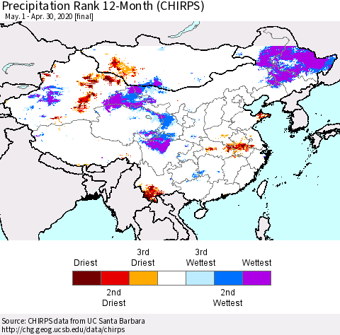 China, Mongolia and Taiwan Precipitation Rank since 1981, 12-Month (CHIRPS) Thematic Map For 5/1/2019 - 4/30/2020