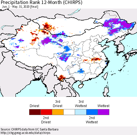 China and Taiwan Precipitation Rank 12-Month (CHIRPS) Thematic Map For 6/1/2019 - 5/31/2020